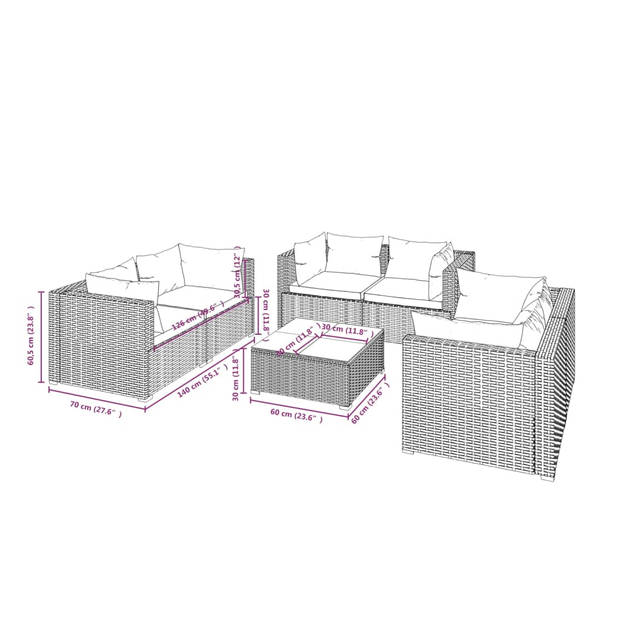 vidaXL 7-delige Loungeset met kussens poly rattan bruin