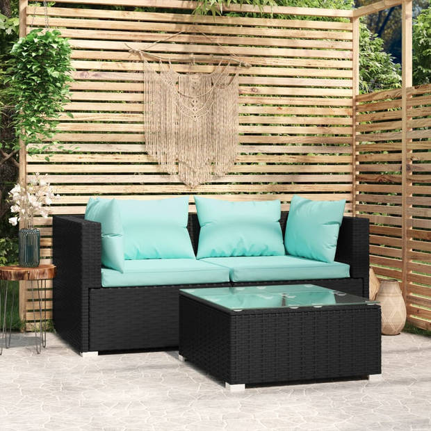 vidaXL 3-delige Loungeset met kussens poly rattan zwart