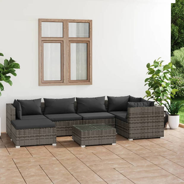 vidaXL 7-delige Loungeset met kussens poly rattan grijs