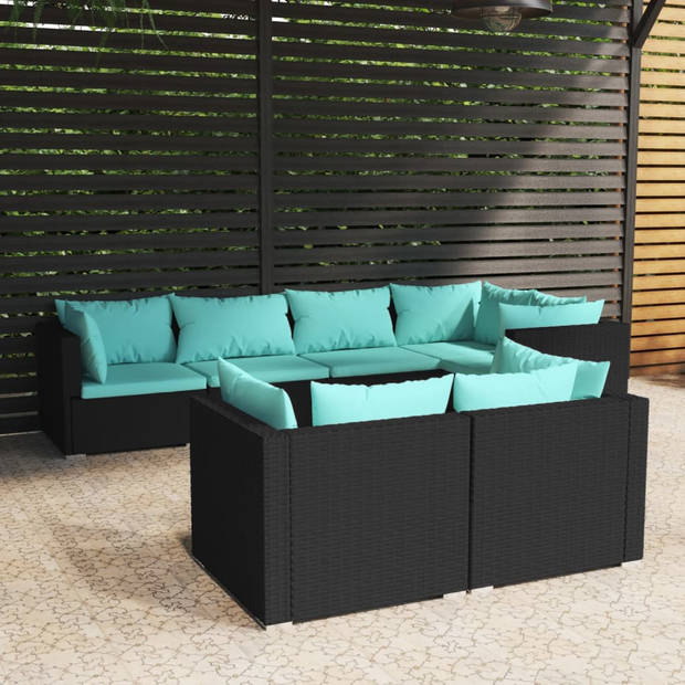 vidaXL 7-delige Loungeset met kussens poly rattan zwart