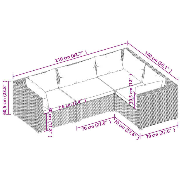 vidaXL 4-delige Loungeset met kussens poly rattan grijs