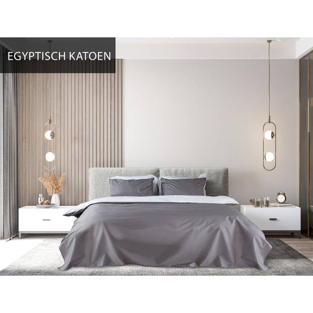 Luxe dekbedovertrek doubleface - Egyptisch percal katoen - 140x200/220 - grijs/wit