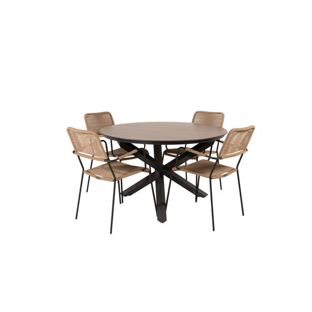 Llama tuinmeubelset tafel Ø120cm en 4 stoel armleuningL Lindos zwart, bruin.