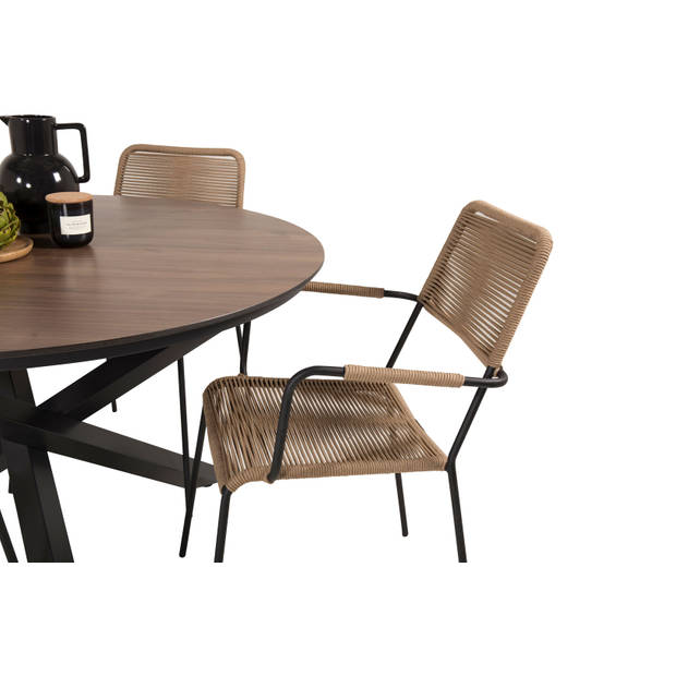 Llama tuinmeubelset tafel Ø120cm en 4 stoel armleuningL Lindos zwart, bruin.
