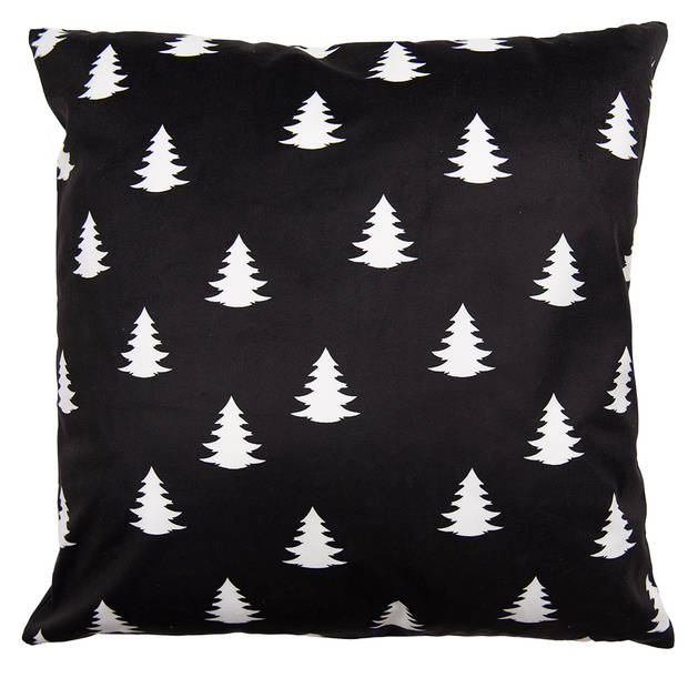 Clayre & Eef Kussenhoes 45x45 cm Zwart Wit Polyester Vierkant Kerstboom Merry Christmas Sierkussenhoes Zwart