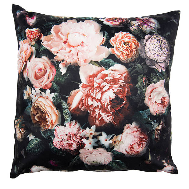 Clayre & Eef Kussenhoes 45x45 cm Zwart Roze Polyester Bloemen Sierkussenhoes Zwart Sierkussenhoes