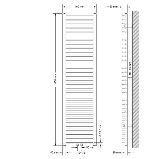 Badkamerradiator Sahara antraciet, 400x1800 mm, gebogen, met middenaansluiting