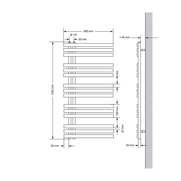 Badkamerradiator IJzer EM 600x1200 mm Chroom met wandaansluitset