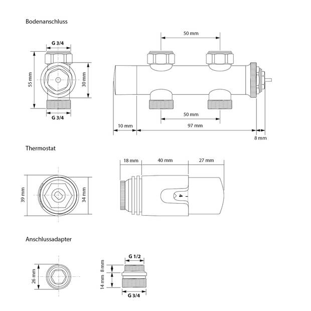 Badkamerradiator Sahara 600x1200 mm antraciet gebogen met middenaansluiting en vloeraansluitset