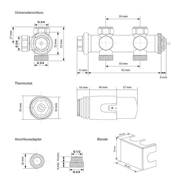 Badkamerradiator Sahara 600x1200 mm antraciet gebogen met middenaansluiting en universele aansluitset