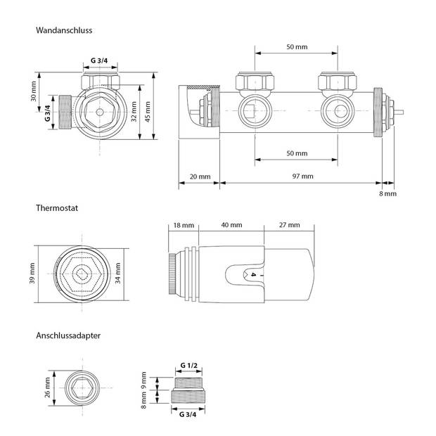 Badkamerradiator Sahara 600x1200 mm antraciet gebogen met middenaansluiting en set voor wandaansluiting