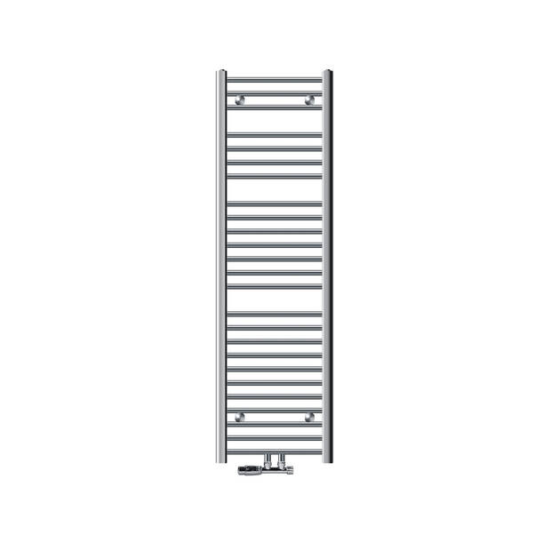 Badkamerradiator Sahara 400x1500 mm chroom gebogen met middenaansluiting en set voor wandaansluiting