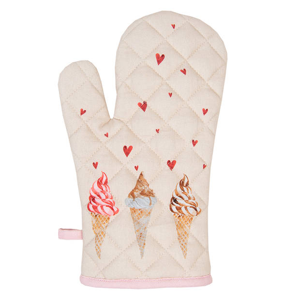 Clayre & Eef Kind Ovenwant 12x21 cm Beige Roze Katoen Ijsjes Ovenhandschoen Beige Ovenhandschoen