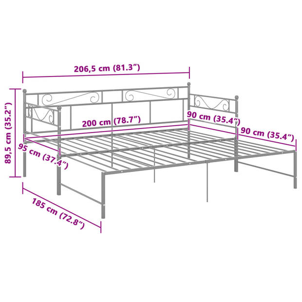 vidaXL Slaapbankframe uittrekbaar metaal grijs 90x200 cm