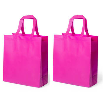 2x stuks draagtassen/schoudertassen/boodschappentassen in de kleur fuchsia roze 35 x 40 x 15 cm - Boodschappentassen