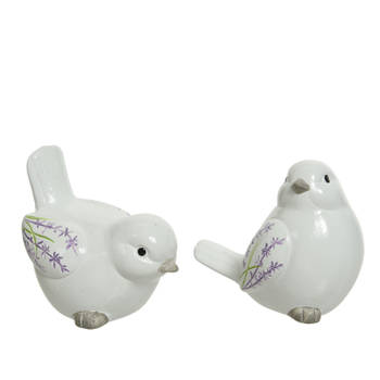 Set van 2x stuks decoratie dieren beelden vogels wit met lavendel bloemen 9 cm - Tuinbeelden