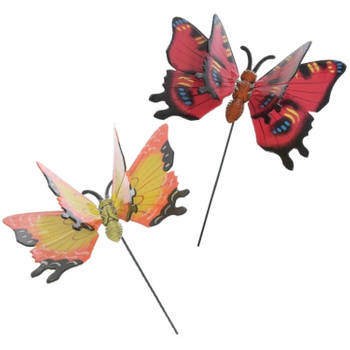 2x stuks Metalen deco vlinders rood en geel van 11 x 70 cm op tuinstekers - Tuinbeelden