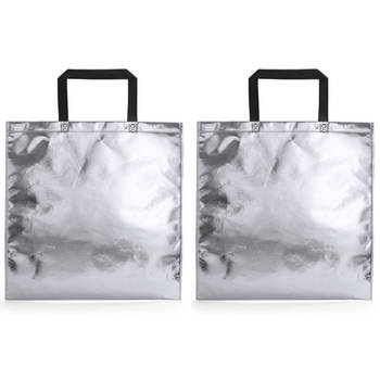 2x stuks draagtassen/schoudertassen in opvallende metallic zilveren kleur 45 x 44 x cm - Schoudertas