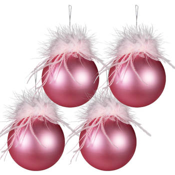 Clayre & Eef Kerstbal Set van 4 Ø 10 cm Roze Glas Kerstboomversiering Roze Kerstboomversiering