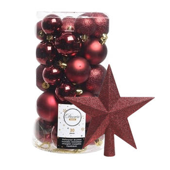 Decoris kerstballen 30x stuks - donkerrood 4/5/6 cm kunststof mat/glans/glitter mix en piek - Kerstbal