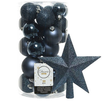 Decoris kerstballen 30x stuks - donkerblauw 4/5/6 cm kunststof mat/glans/glitter mix en piek - Kerstbal