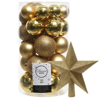 Decoris kerstballen 30x stuks - goud 4/5/6 cm kunststof mat/glans/glitter mix en piek - Kerstbal