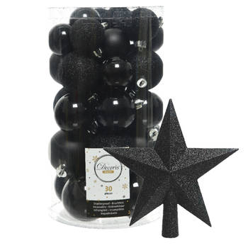 Decoris kerstballen 30x stuks - zwart 4/5/6 cm kunststof mat/glans/glitter mix en piek - Kerstbal