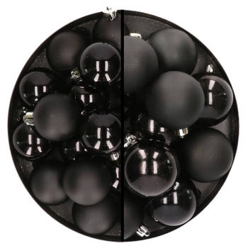 28x stuks kunststof kerstballen zwart 4 en 6 cm - Kerstbal