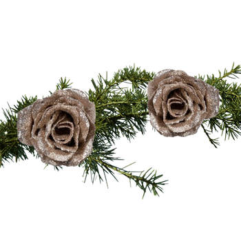 2x stuks kerstboom decoratie bloemen op clip champagne glitter 7 cm - Kersthangers