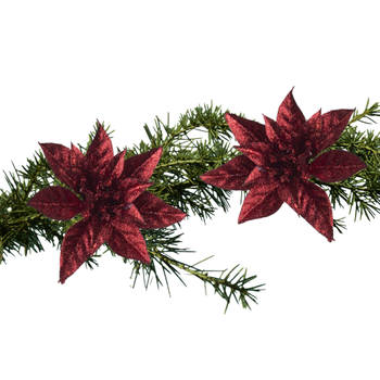 2x stuks kerstboom decoratie glitter bloemen op clip donkerrood 8 cm - Kersthangers