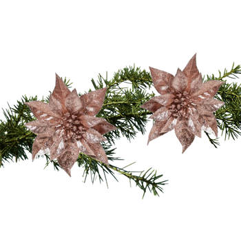Cosy & Trendy kerstboom bloemen op clip - 2x st - oud roze - 18 cm - kerstster - Kersthangers