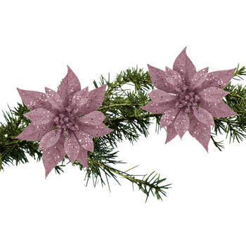 2x stuks kerstboom decoratie bloemen roze glitter op clip 18 cm - Kersthangers