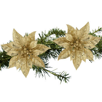 2x stuks kerstboom bloemen kerstster goud glitter op clip 15 cm - Kersthangers