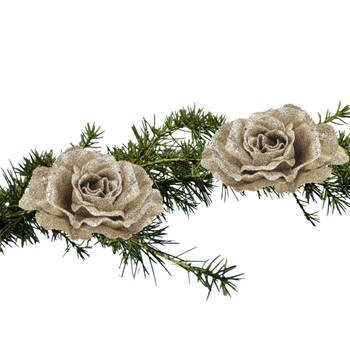 2x stuks kerstboom bloemen roos champagne glitter op clip 10 cm - Kersthangers