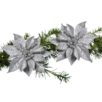 2x stuks kerstboom bloemen op clip zilveren kerstster 18 cm - Kersthangers