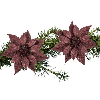 2x stuks kerstboom decoratie bloemen donkerrood glitter op clip 18 cm - Kersthangers