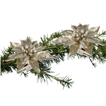 2x stuks kerstboom decoratie bloemen champagne glitter op clip 9 cm - Kersthangers