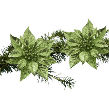2x stuks kerstboom decoratie bloemen groen glitter op clip 18 cm - Kersthangers