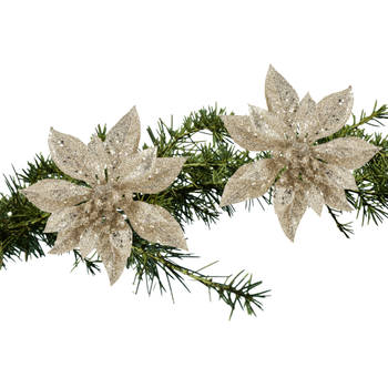 2x stuks kerstboom decoratie bloemen champagne glitter op clip 15 cm - Kersthangers