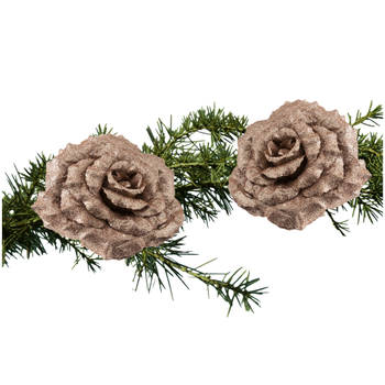 2x stuks kerstboom decoratie bloemen op clip champagne glitter 18 cm - Kersthangers