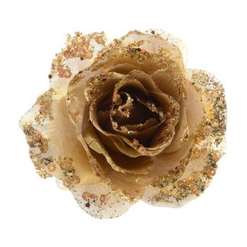 3x Gouden glitter roos op clip 14 cm - Kersthangers