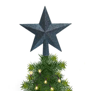 Kunststof piek kerst ster donkerblauw met glitters H19 cm - kerstboompieken