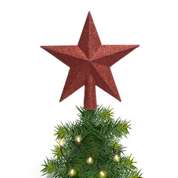 1x Glitter piek in stervorm kerst rood 19 cm kunststof/plastic - kerstboompieken