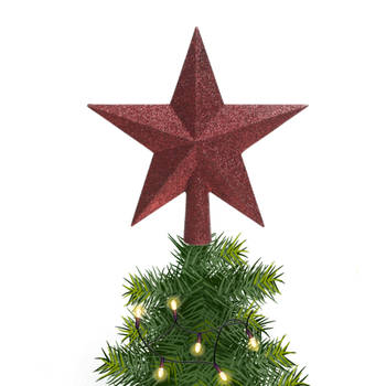 1x Glitter piek in stervorm donkerrood 19 cm kunststof/plastic - kerstboompieken