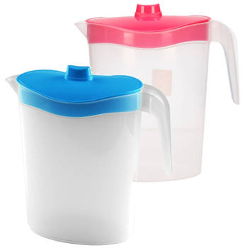 Setje van 2x stuks water/sap/schenk kannen van kunststof in blauw en roze 2.5 liter inhoud - Schenkkannen