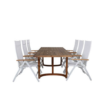 Erica tuinmeubelset tafel 100x214cm en 6 stoel L5pos Panama wit, naturel.