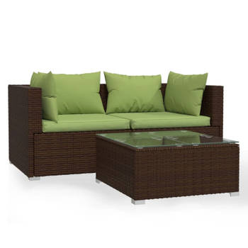 vidaXL 3-delige Loungeset met kussens poly rattan bruin