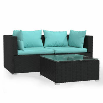 vidaXL 3-delige Loungeset met kussens poly rattan zwart