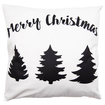 Clayre & Eef Kussenhoes 45x45 cm Wit Zwart Polyester Vierkant Kerstboom Merry Christmas Sierkussenhoes Wit