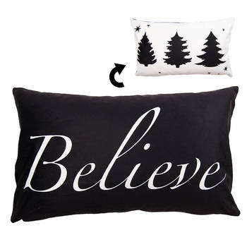 Clayre & Eef Kussenhoes 30x50 cm Wit Zwart Polyester Rechthoek Kerstboom Believe Sierkussenhoes Wit Sierkussenhoes